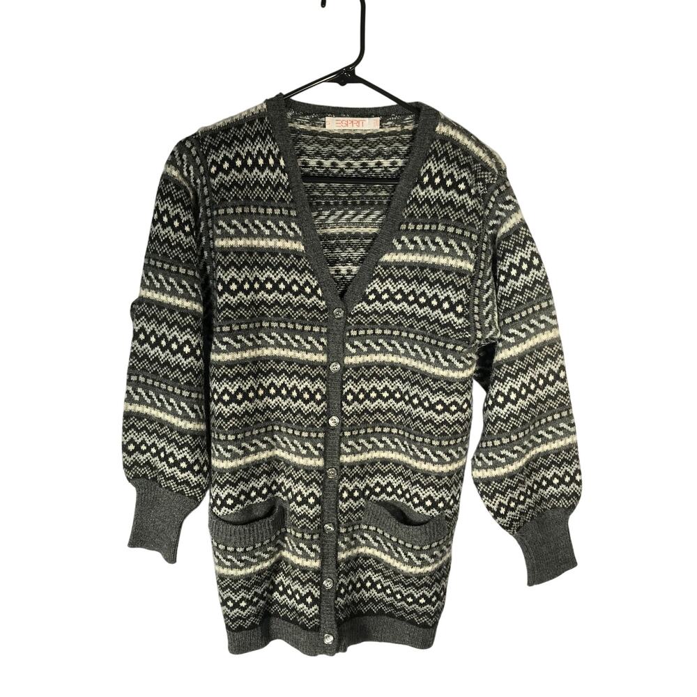 Vintage Esprit Sweater Small Womens Wool Blend Gray Black Geometric Design